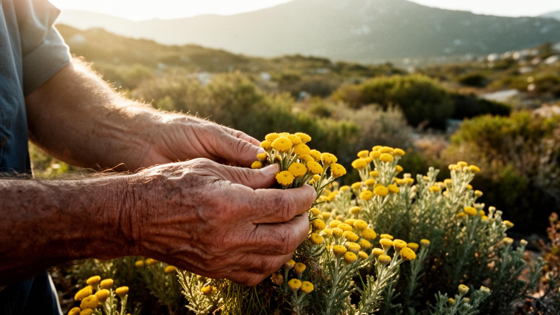 Sur les crêtes du Cap Corse, Le Petit Corse cueille l'immortelle à la rosée